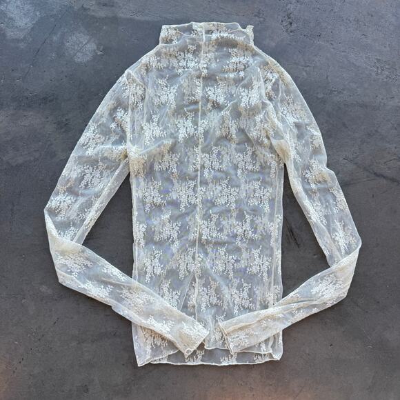 Vintage Y2k Free People Sheer Lace Mock Neck Longsleeve Ivory Blouse Small - Picture 2 of 5
